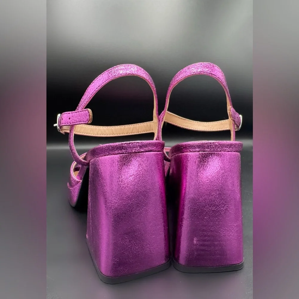 Hot Pink / Magenta Metallic Platform Block Heel Sandals Women 9.5 Ankle Strap